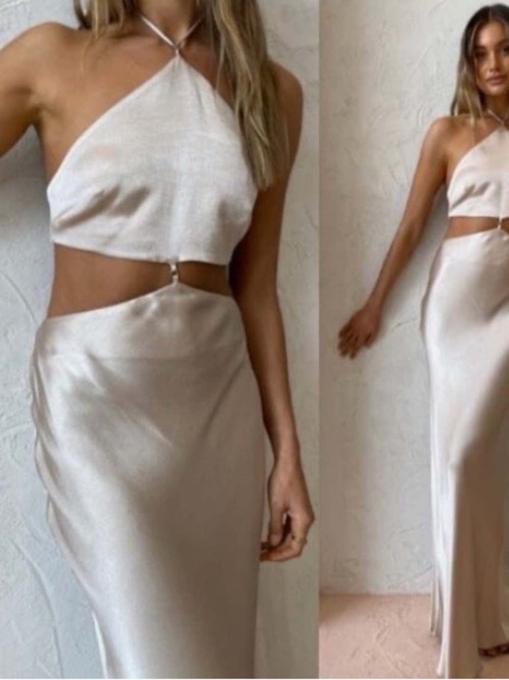 Bec & Bridge Silk Halter Cutout Maxi Dress in Champagne Nude
